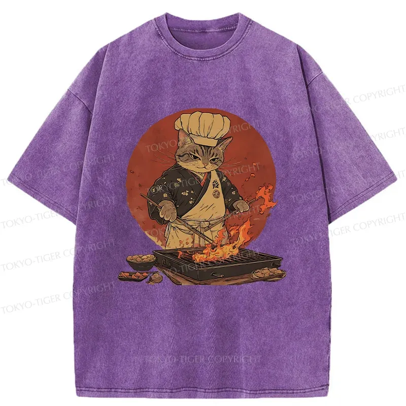Tokyo-Tiger Cat Grill Chef Washed T-Shirt