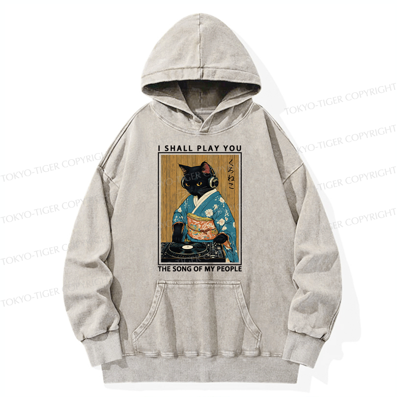 Tokyo-Tiger Funny Playing Music Black Cat Washed Hoodie
