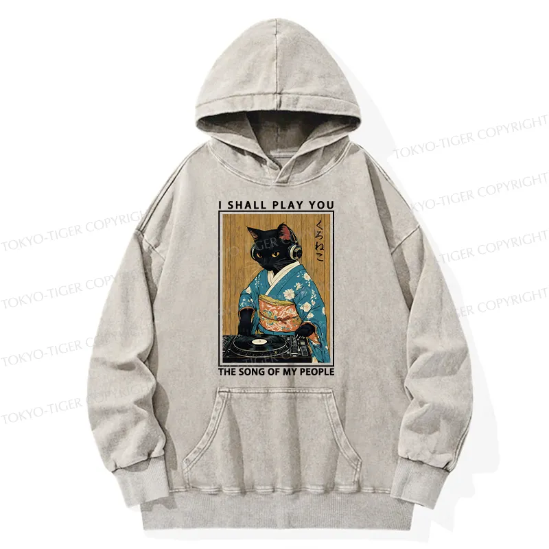 Tokyo-Tiger Funny Playing Music Black Cat Washed Hoodie