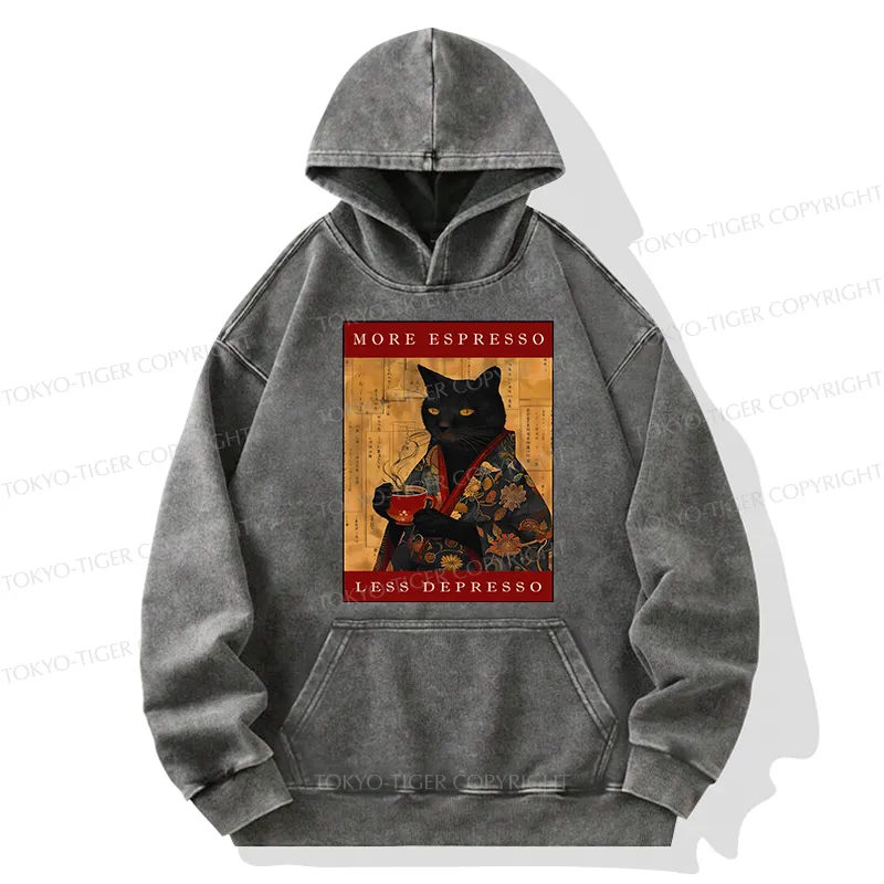 Tokyo-Tiger More Espresso Less Depresso Cat Washed Hoodie