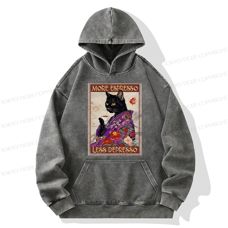 Tokyo-Tiger Japanese Cat Drinking Coffee Washed Hoodie