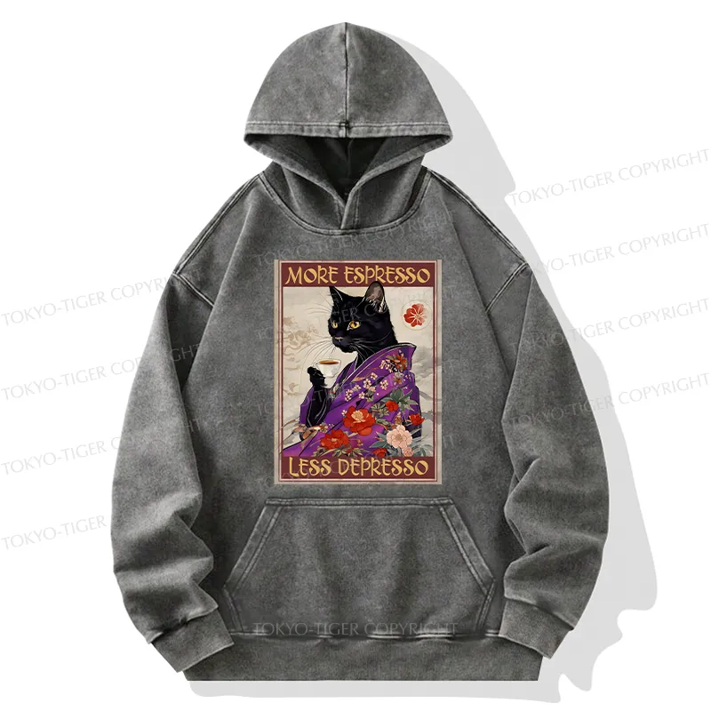 Tokyo-Tiger Japanese Cat Drinking Coffee Washed Hoodie