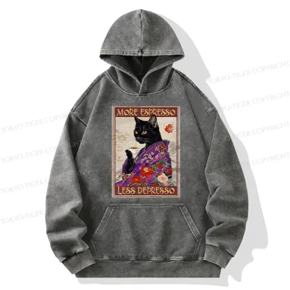 Tokyo-Tiger Japanese Cat Drinking Coffee Washed Hoodie