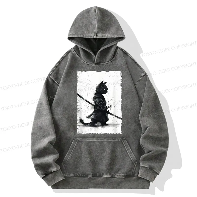 Tokyo-Tiger Retro Cat Samurai Japanese Washed Hoodie