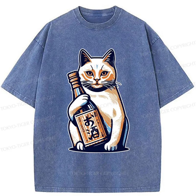 Tokyo-Tiger Cat Holding Wine Washed T-Shirt