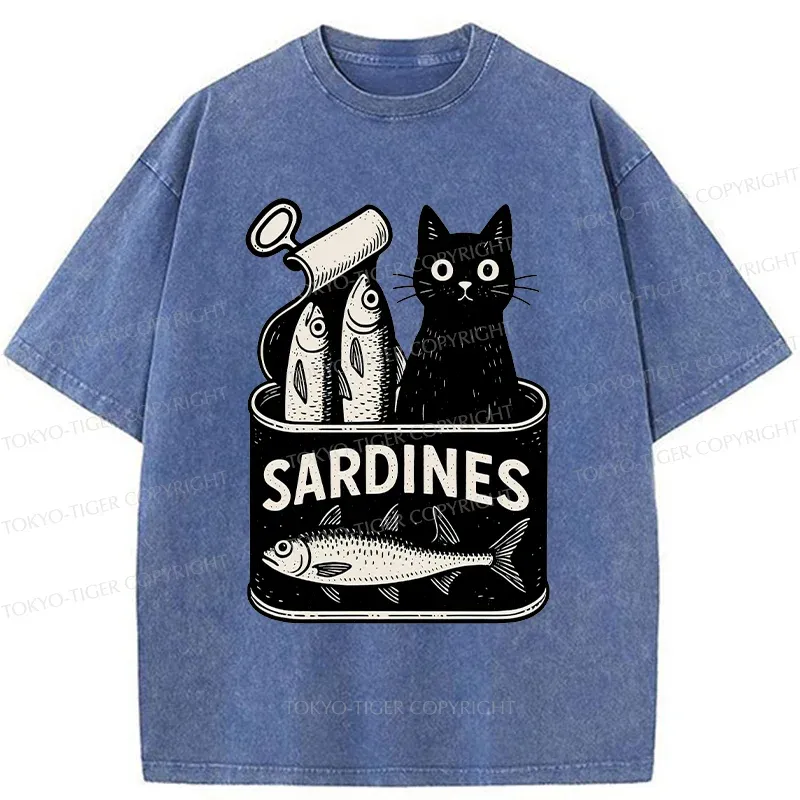 Tokyo-Tiger Cat And Canned Fish Washed T-Shirt