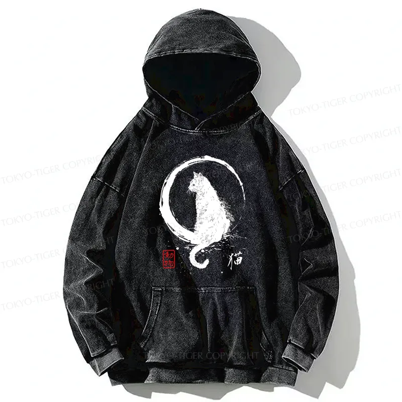 Tokyo-Tiger Retro Japanese Black Cat Washed Hoodie