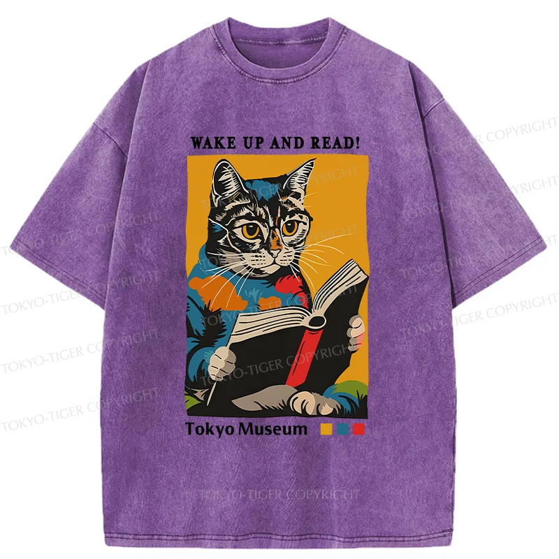 Tokyo-Tiger Cat Reading Washed T-Shirt