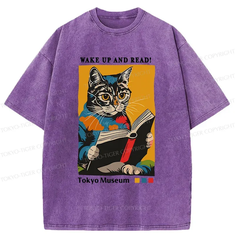 Tokyo-Tiger Cat Reading Washed T-Shirt