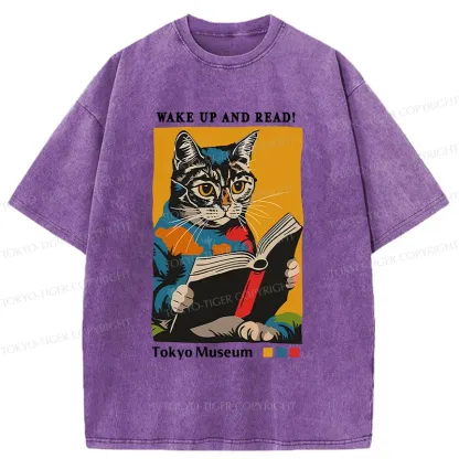 Tokyo-Tiger Cat Reading Washed T-Shirt
