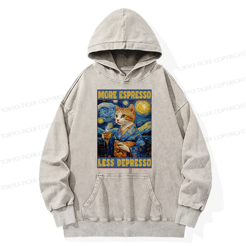 Tokyo-Tiger Funny More Espresso Less Depresso Washed Hoodie