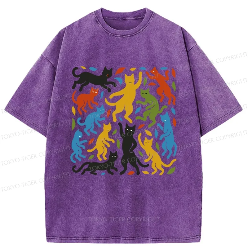 Tokyo-Tiger Funny Dancing Cat Washed T-Shirt
