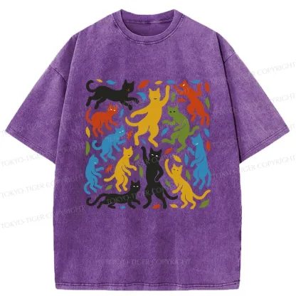 Tokyo-Tiger Funny Dancing Cat Washed T-Shirt