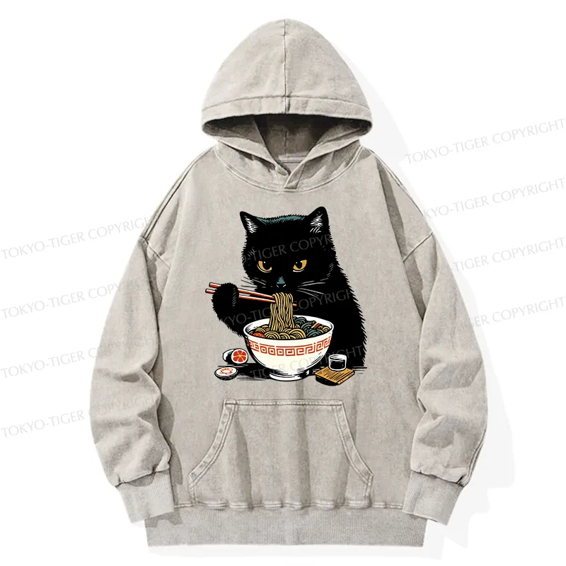 Tokyo-Tiger Cat Eating Favorite Ramen Washed Hoodie