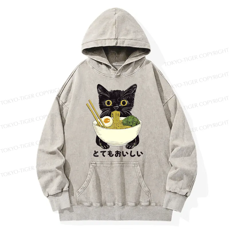 Tokyo-Tiger Ramen Lover Cute Cat Washed Hoodie