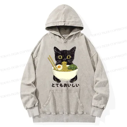 Tokyo-Tiger Ramen Lover Cute Cat Washed Hoodie