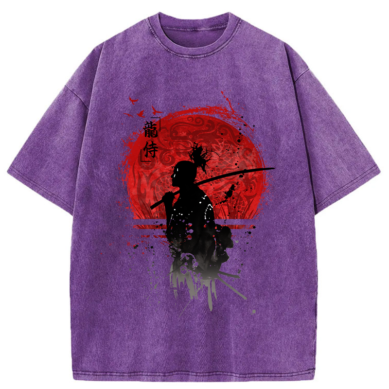 Tokyo-Tiger Japanese Blood Moon Samurai Washed T-Shirt