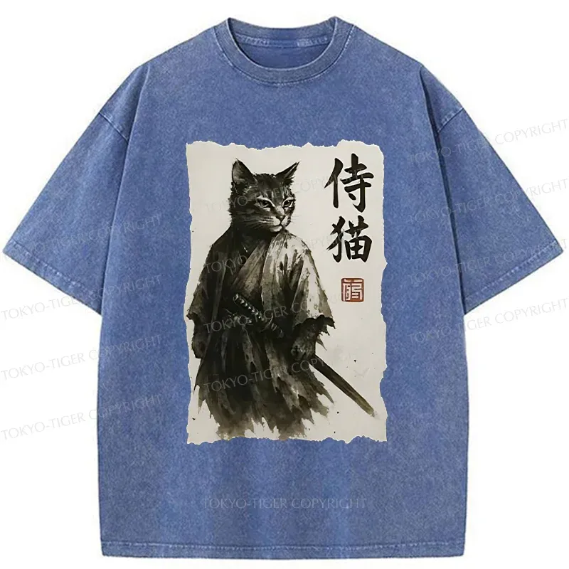 Tokyo-Tiger Cat Japanese Samurai Washed T-Shirt