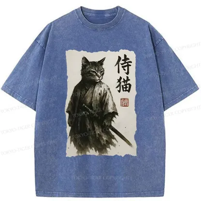 Tokyo-Tiger Cat Japanese Samurai Washed T-Shirt