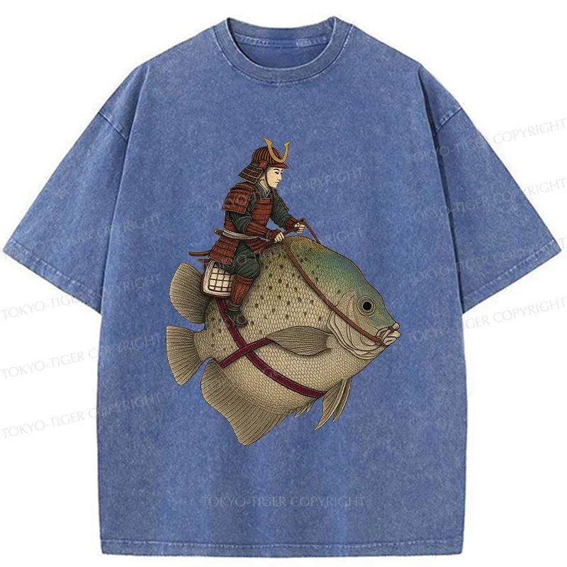 Tokyo-Tiger Samurai Riding A Fish Washed T-Shirt