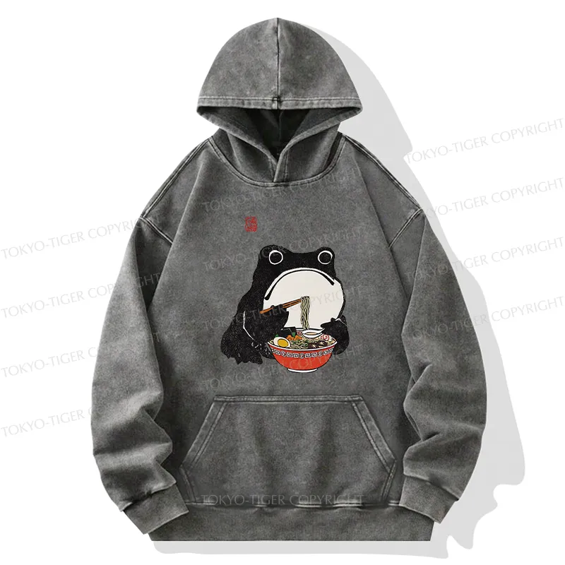 Tokyo-Tiger Funny Frog Eating Ramen Washed Hoodie