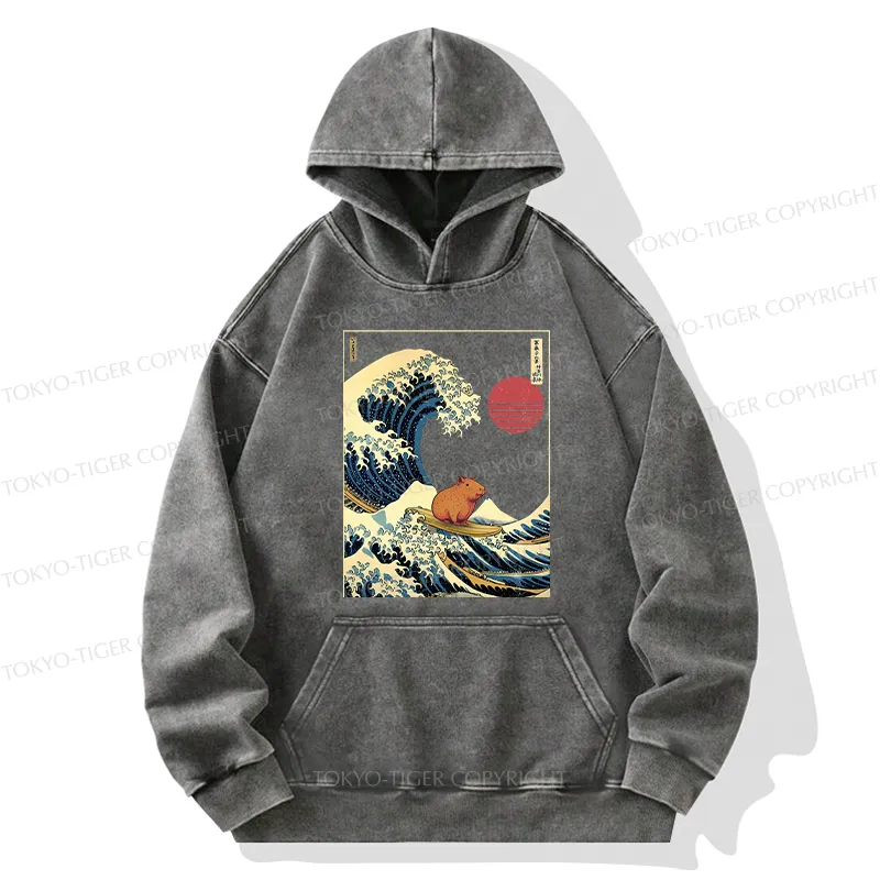 Tokyo-Tiger Capybara Surfing Washed Hoodie