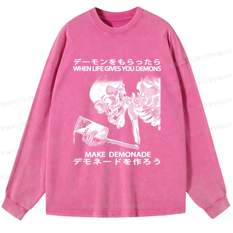 Tokyo-Tiger Make Demonade Funny Washed Long Sleeve T-Shirt