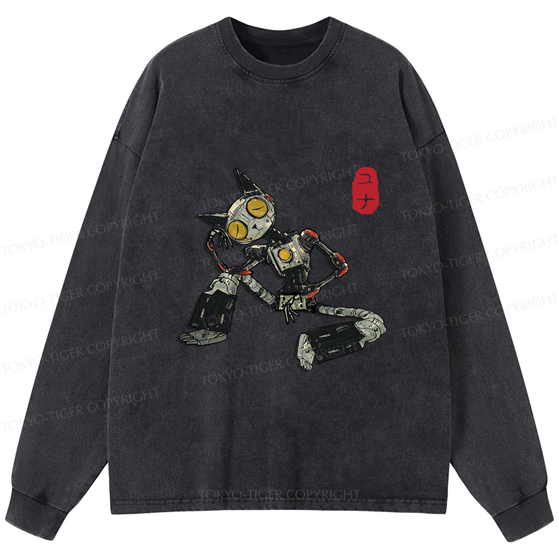 Tokyo-Tiger Contemplative Robot Cat Washed Long Sleeve T-Shirt