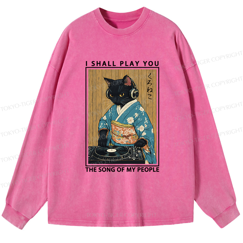 Tokyo-Tiger Funny Playing Music Black Cat Washed Long Sleeve T-Shirt