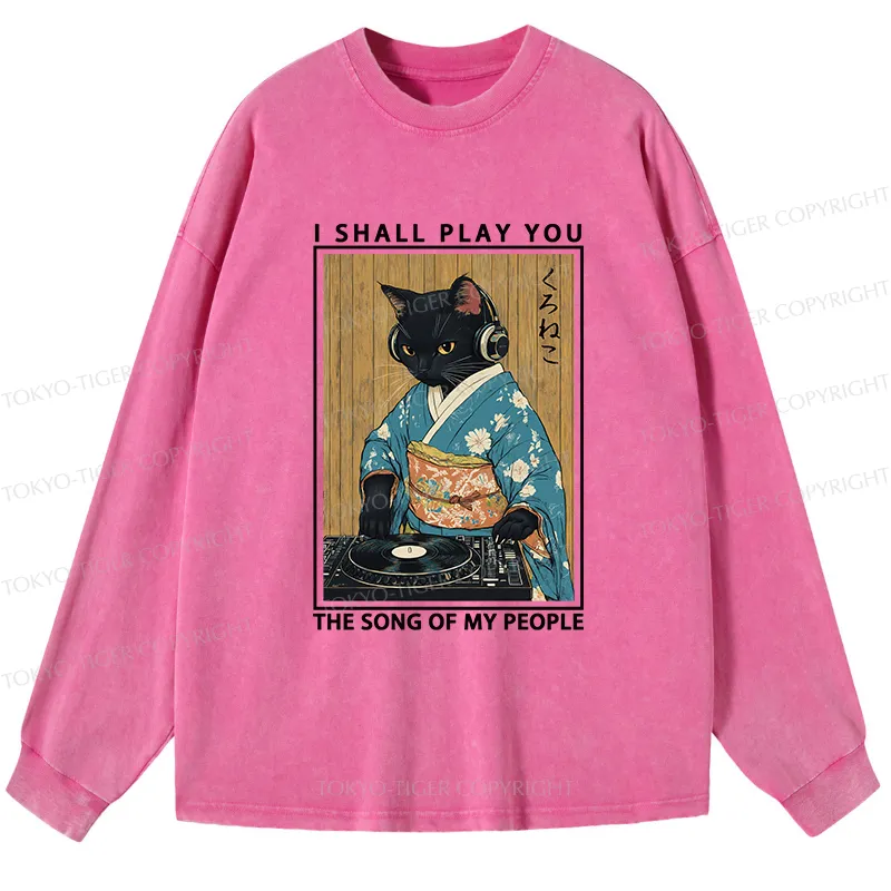 Tokyo-Tiger Funny Playing Music Black Cat Washed Long Sleeve T-Shirt