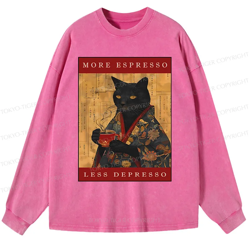 Tokyo-Tiger More Espresso Less Depresso Cat Washed Long Sleeve T-Shirt