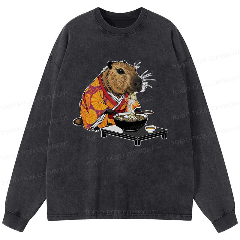 Tokyo-Tiger Cute Capybara Eating Ramen Washed Long Sleeve T-Shirt