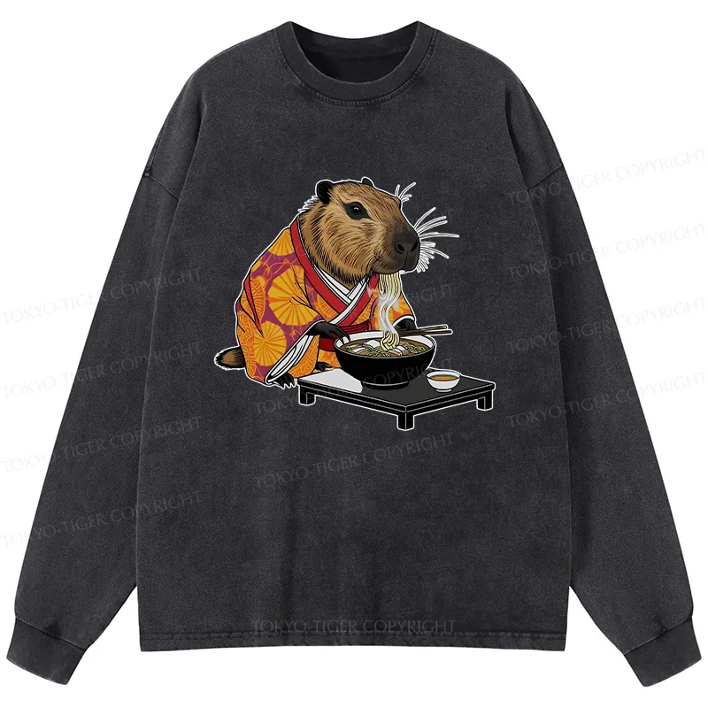 Tokyo-Tiger Cute Capybara Eating Ramen Washed Long Sleeve T-Shirt