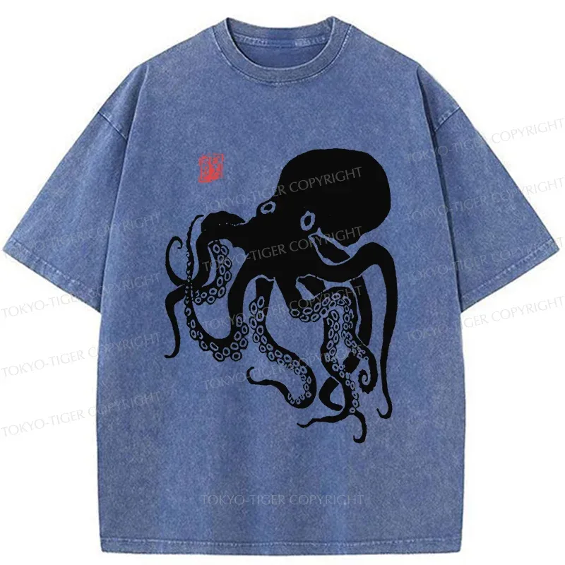 Tokyo-Tiger Retro Japanese Octopu Washed T-Shirt