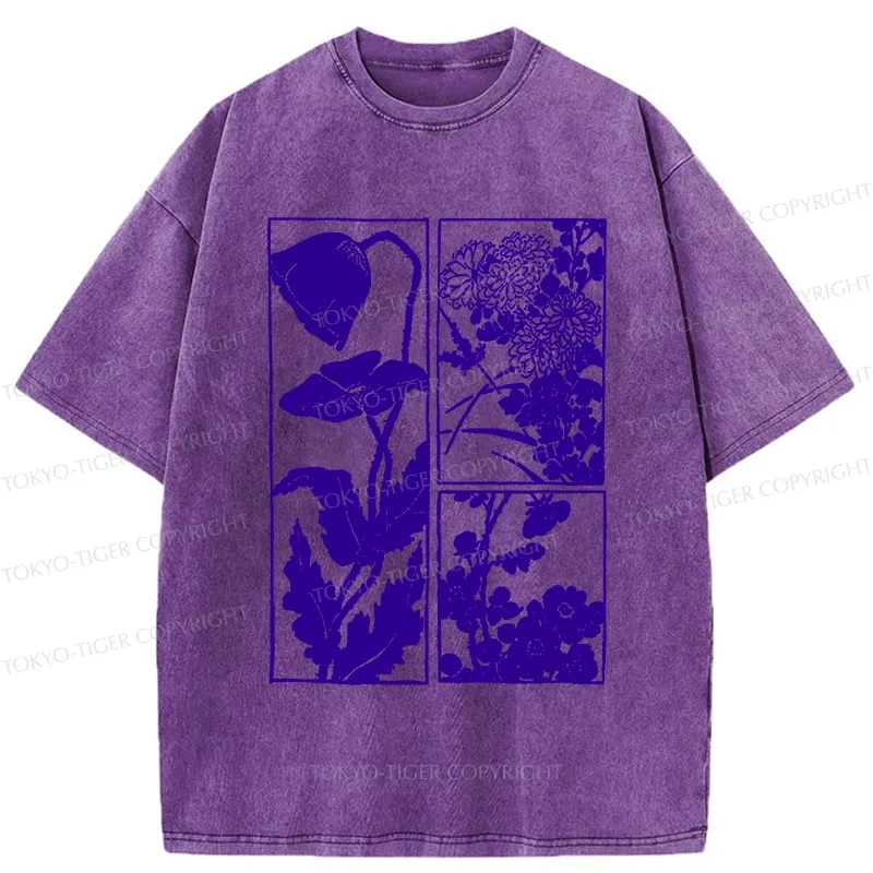 Tokyo-Tiger Woodcut Flowers Washed T-Shirt