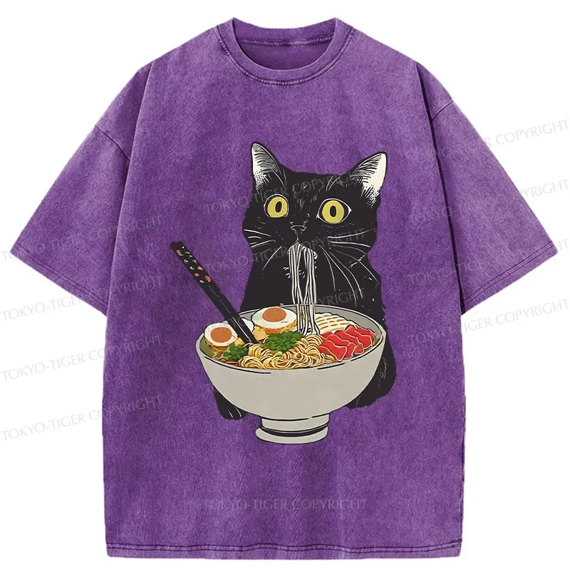 Tokyo-Tiger Cat Eating Hearty Ramen Washed T-Shirt