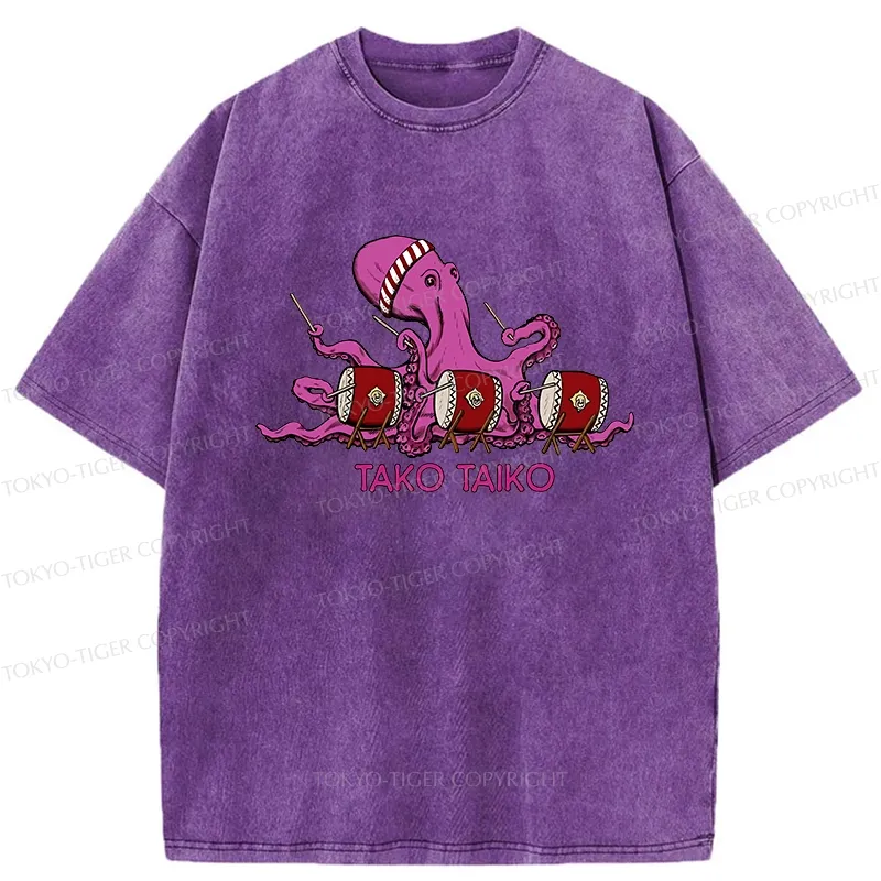 Tokyo-Tiger Funny Octopus Playing Taiko Washed T-Shirt