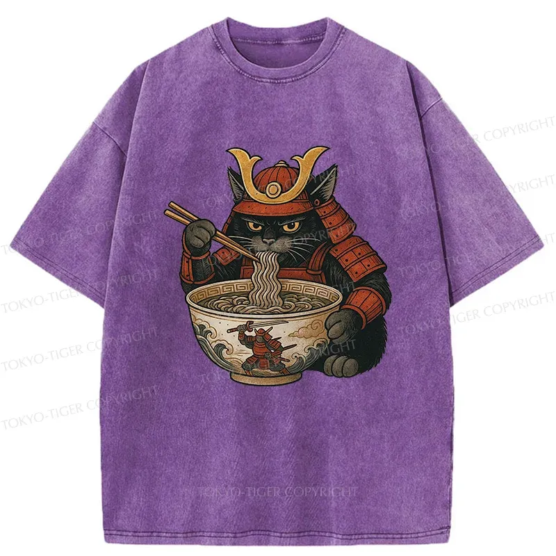 Tokyo-Tiger Cat General Eats Ramen Washed T-Shirt