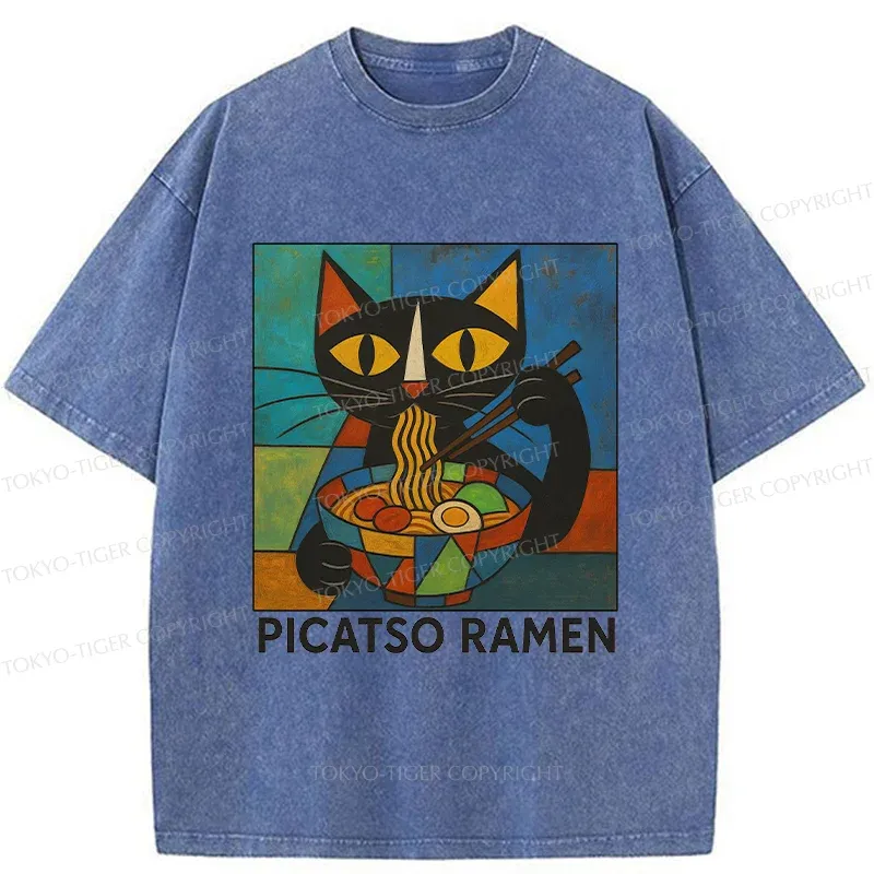 Tokyo-Tiger Abstract Cat Eating Ramen Washed T-Shirt