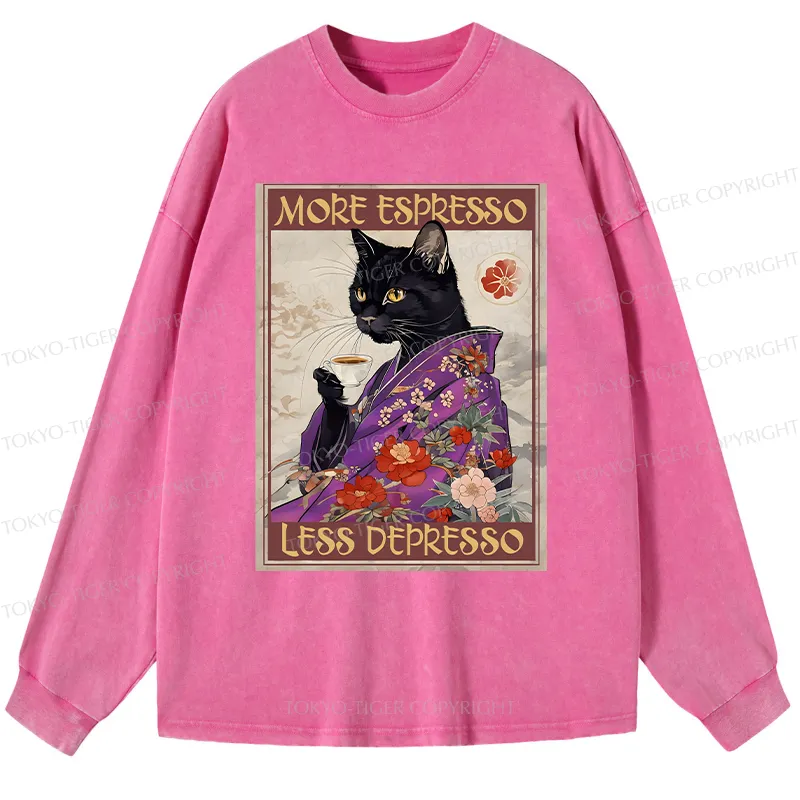 Tokyo-Tiger Japanese Cat Drinking Coffee Washed Long Sleeve T-Shirt