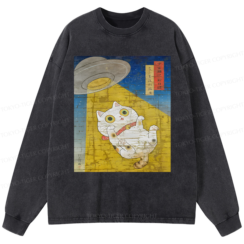 Tokyo-Tiger Funny Meow-FO Kidnapping Cat Washed Long Sleeve T-Shirt