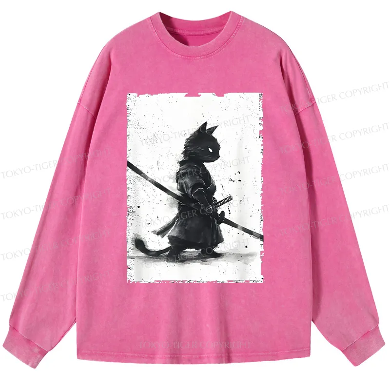 Tokyo-Tiger Retro Cat Samurai Japanese Washed Long Sleeve T-Shirt