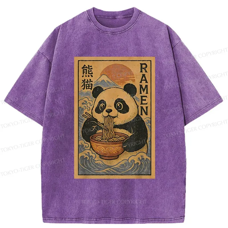 Tokyo-Tiger Retro Panda Eating Ramen Washed T-Shirt