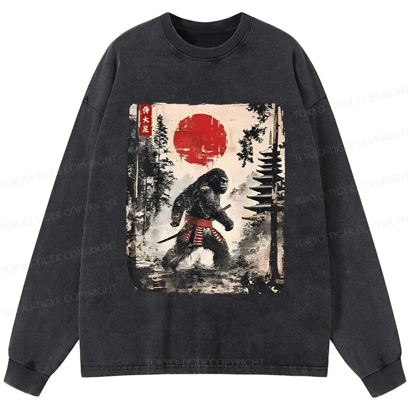 Tokyo-Tiger Japanese Samurai Bigfoot Washed Long Sleeve T-Shirt