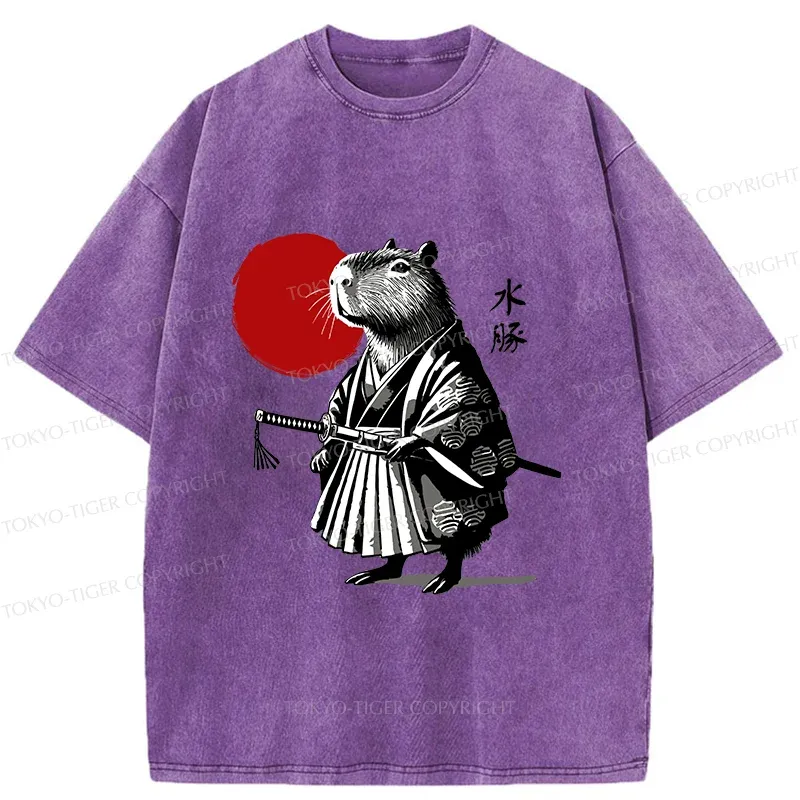 Tokyo-Tiger Retro Capybara Samurai Washed T-Shirt