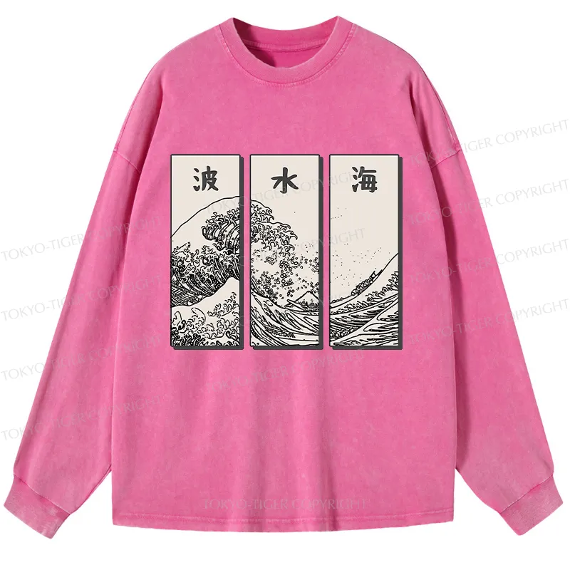 Tokyo-Tiger Japanese Art Wave Washed Long Sleeve T-Shirt