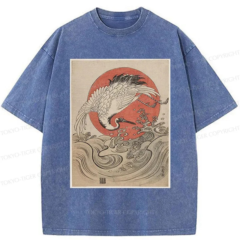 Tokyo-Tiger Vintage Crane and Waves Washed T-Shirt