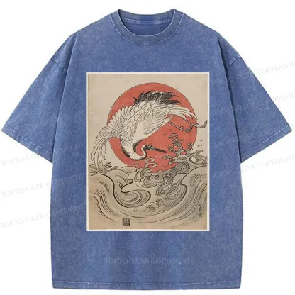 Tokyo-Tiger Vintage Crane and Waves Washed T-Shirt