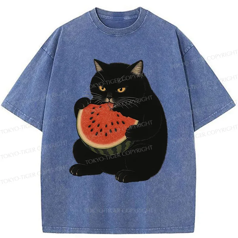 Tokyo-Tiger Black Cat Eating Watermelon Washed T-Shirt