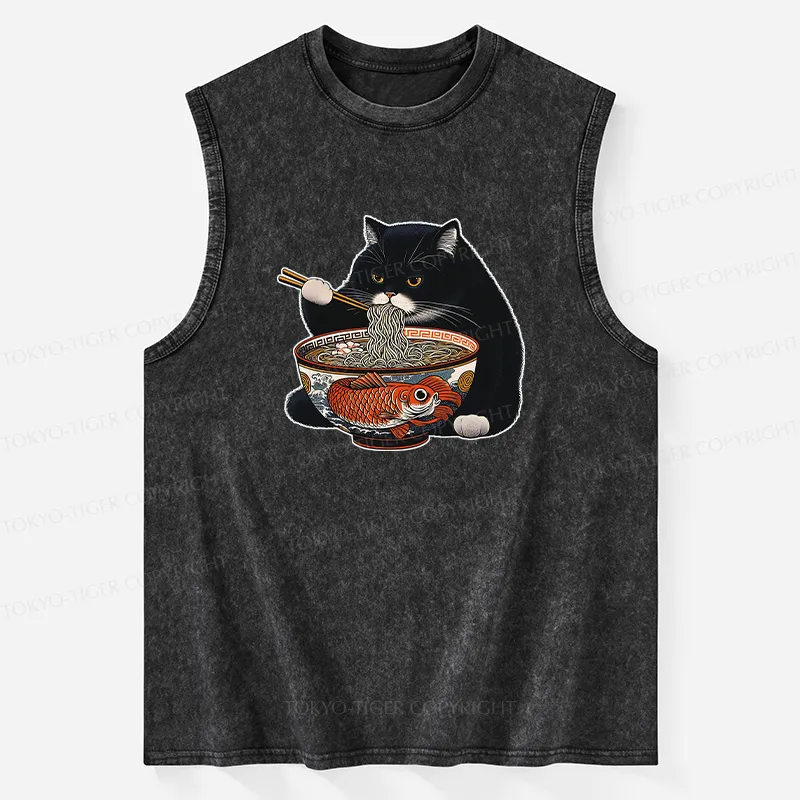 Tokyo-Tiger Fat Cat Eating Ramen Washed Tank
